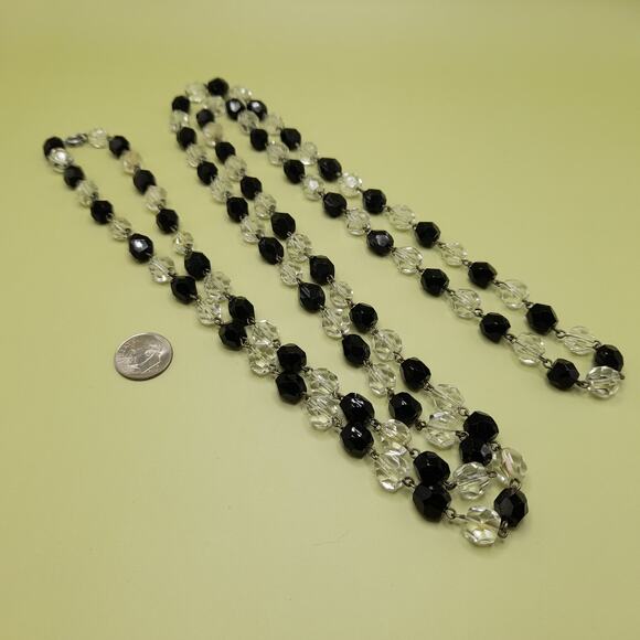 Art Deco Black Clear Crystal Necklace 53in Flapper Glass Beads 1930s